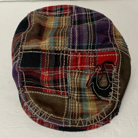 True Religion Stitched Flannel Plaid Patchwork Newsboy Flat Cap Hat - Picture 9 of 12